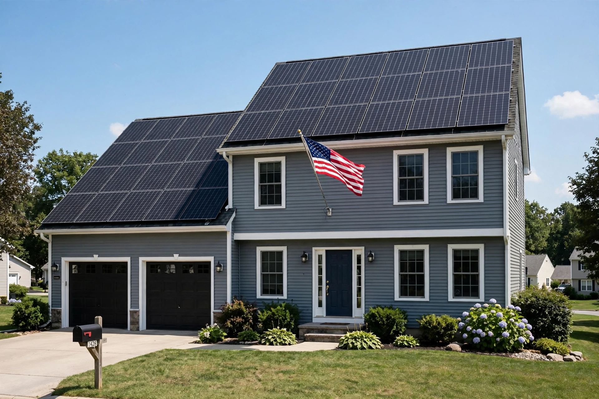American home with solar panels and an American flag